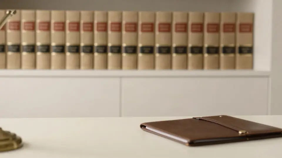 Ruhiger Kanzleiarbeitsplatz mit juristischer Bibliothek im Hintergrund