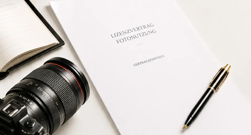 Symbolische Darstellung der Prüfung von Bildnutzungsrechten und Lizenzfragen